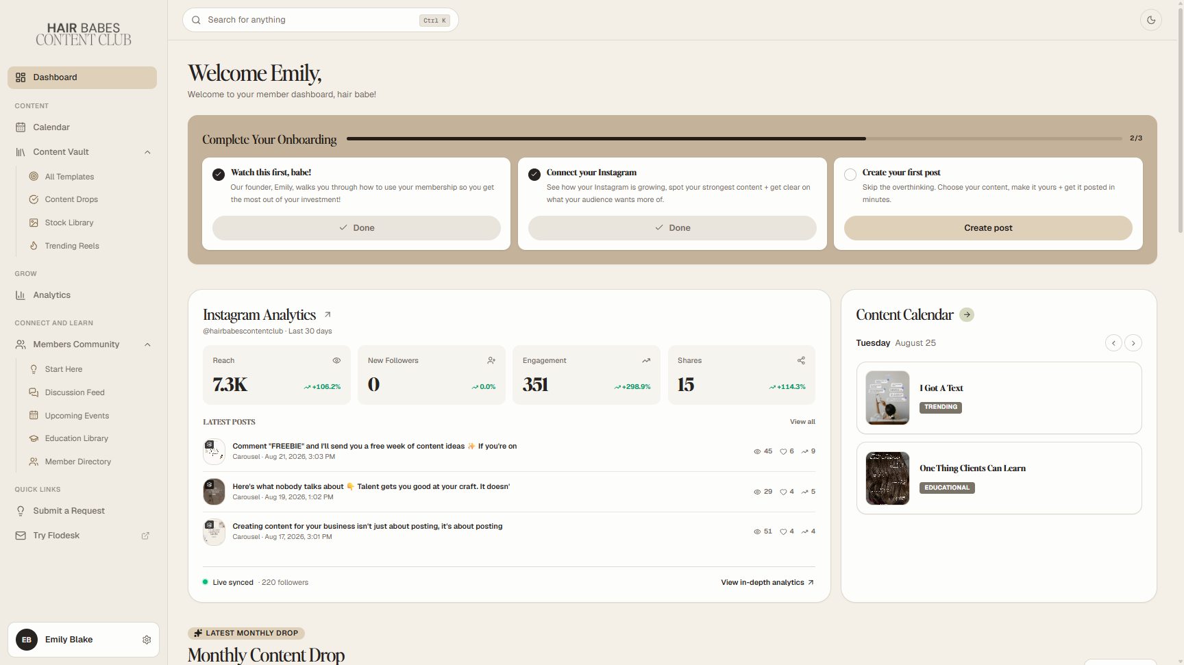 Member dashboard of the Hair Babes Content Club